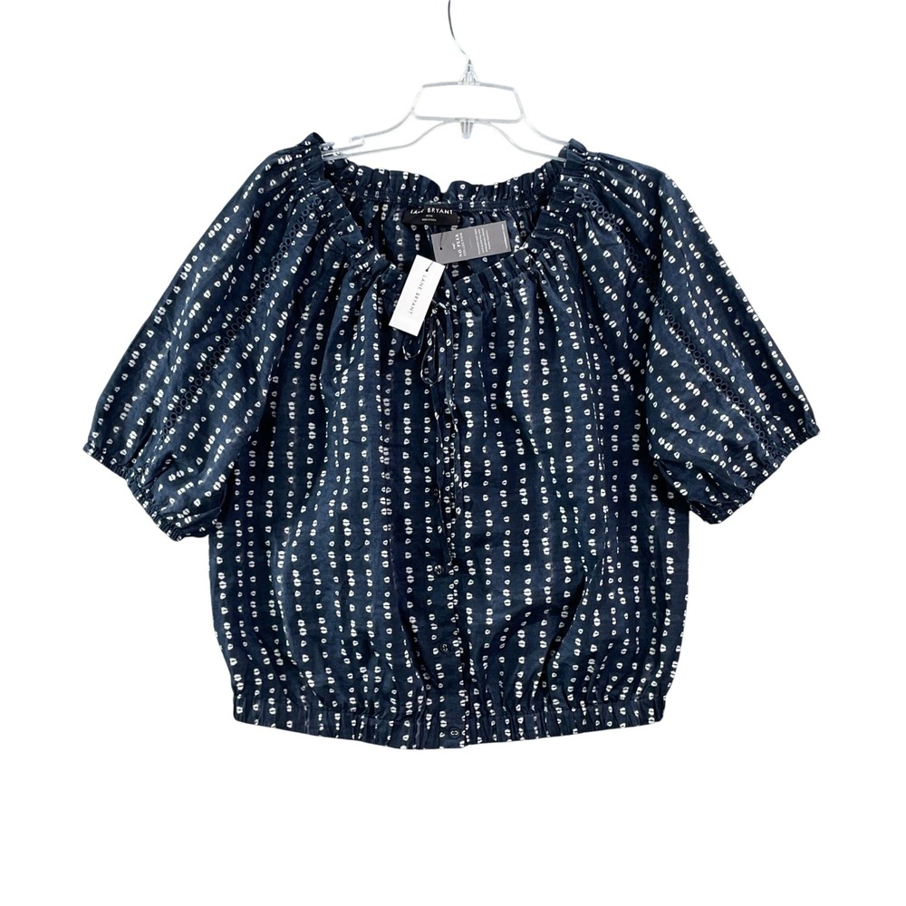 Lane Bryant Blouse Womens 14/16 Blue Ikat Dot No-Peek Cotton Smocked Peasant Top